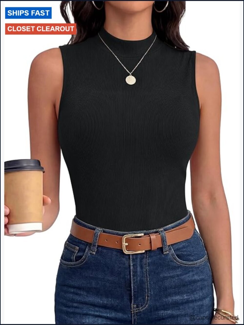 Mock Neck Ribbed Tank Tops for Women, Slim Fit Basic Summer T-Shirts